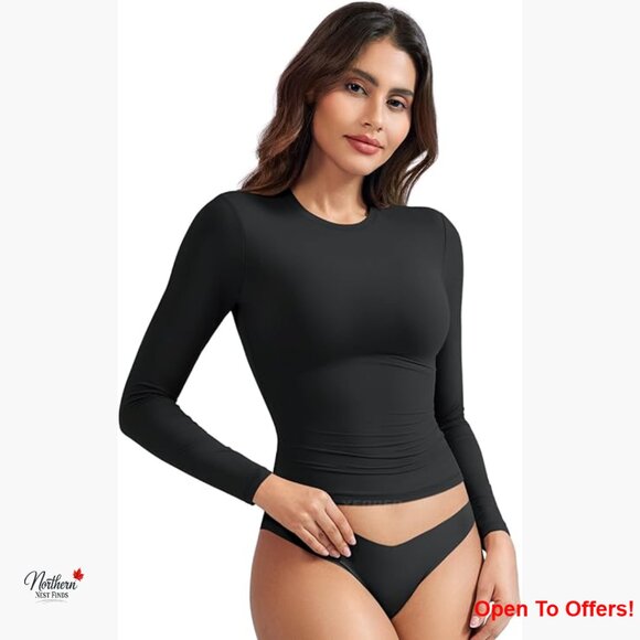 Tops - Long Sleeve Double Lined Workout Tee Crew Neck Fitted T-Shirt